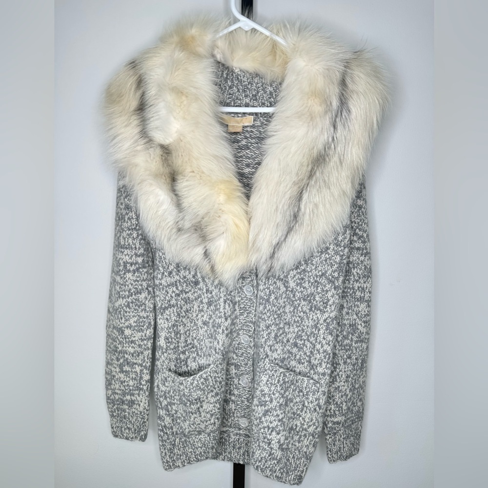 Michael Kors Cashmere Plunge Neckline Cardigan w Removable Real Fox Fur Collar